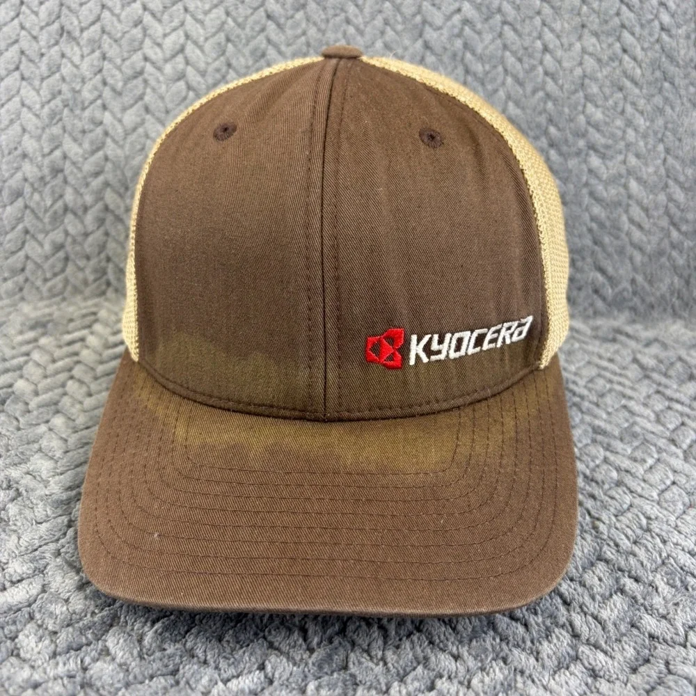 Kyocera Flexfit Mesh Trucker Hat Brown Tan Embroidered Logo Cap 0627